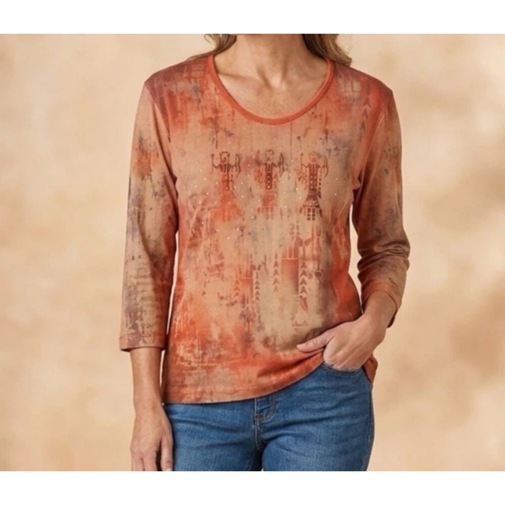Cactus Bay Top Womens M Aztec Southwest T Shirt Tee Casual Tribal Artsy boho USA
